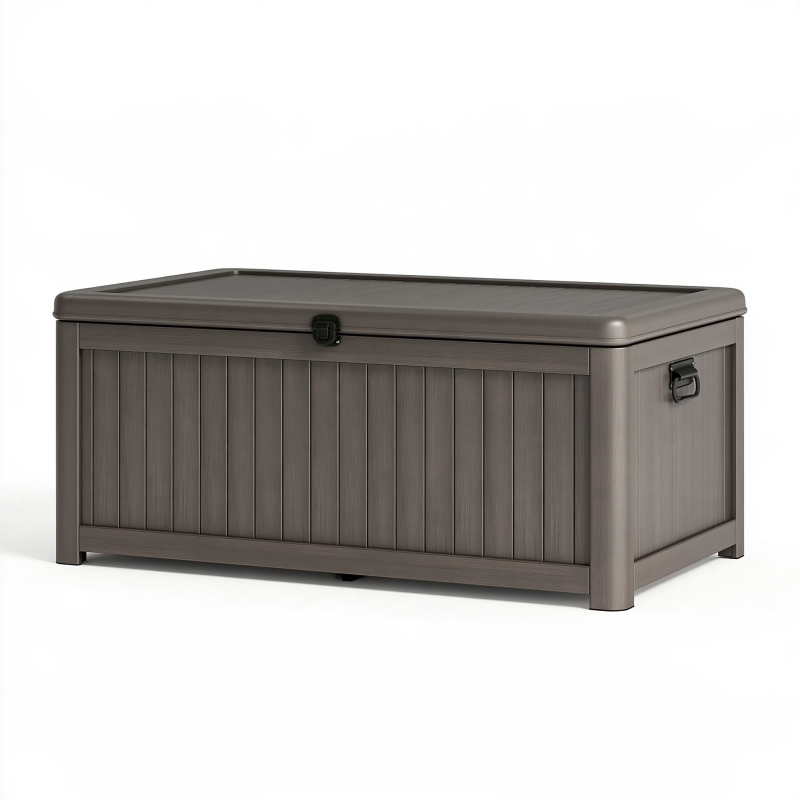 Coffre de rangement extérieur 120 x 60 x 63 cm en résine gris taupe avec couvercle verrouillable