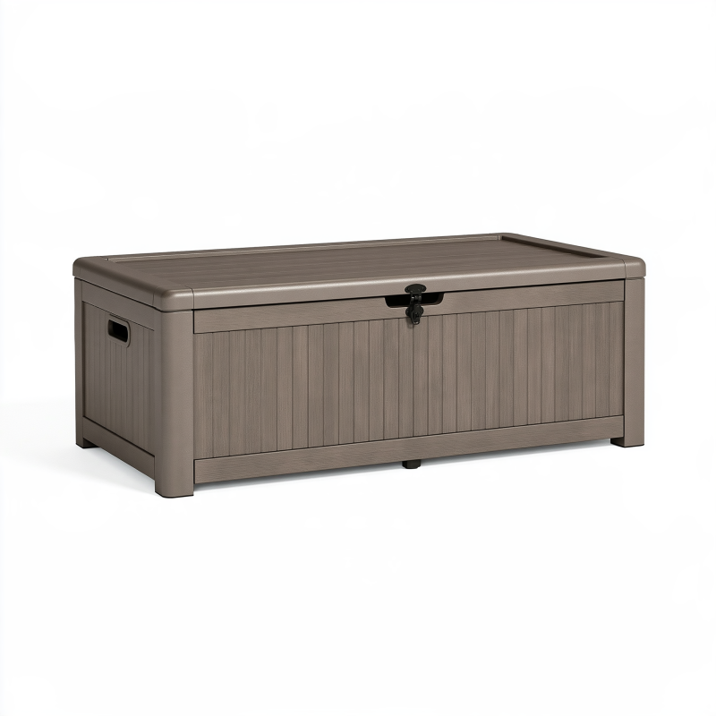 Coffre de rangement extérieur 120 x 60 x 63 cm en plastique taupe avec couvercle verrouillable