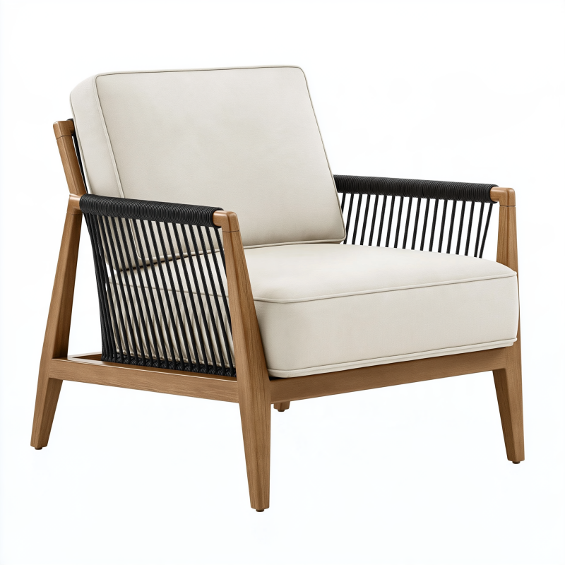 Fauteuil 75 x 80 x 85 cm en bois naturel cordage noir et coussins écrus style contemporain
