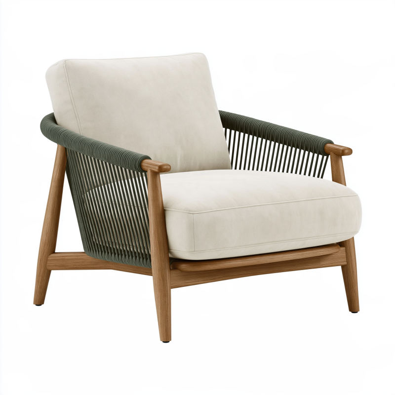 Fauteuil 75 x 80 x 82 cm en bois et cordage vert avec assise beige style contemporain