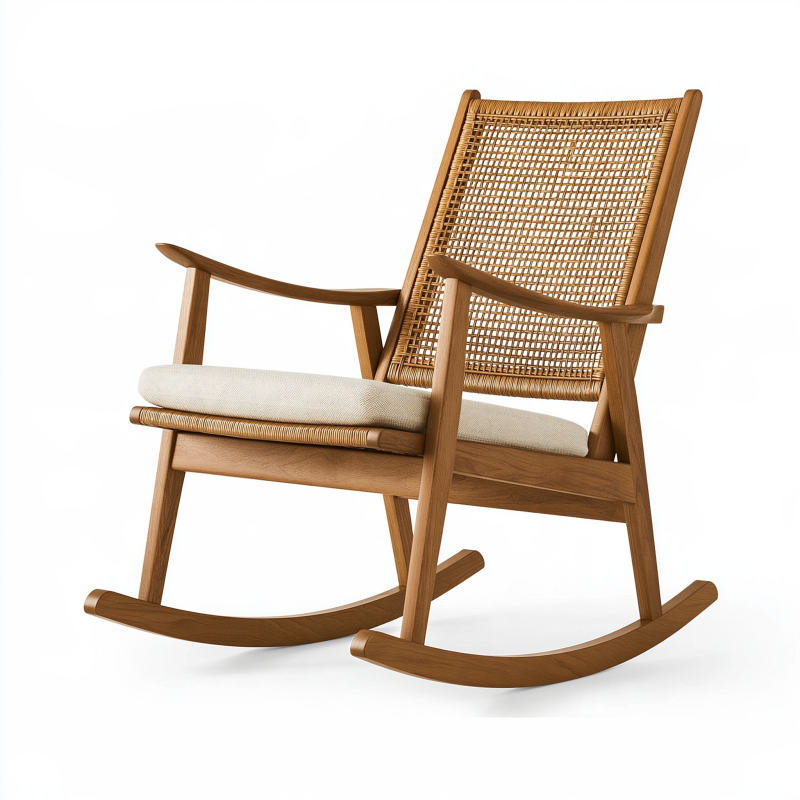 Fauteuil à bascule 70 x 95 x 100 cm en bois et rotin naturel avec assise beige