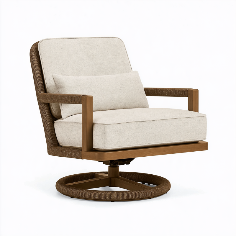 Fauteuil pivotant 78 x 82 x 85 cm en tissu beige et bois brun style contemporain