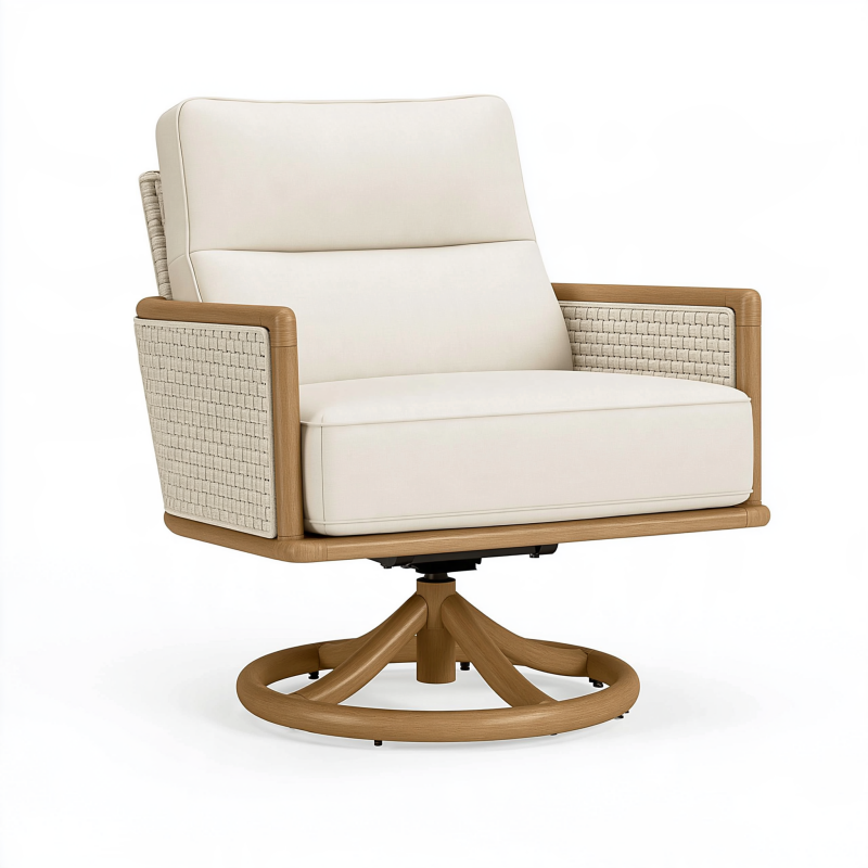 Fauteuil pivotant 82 x 80 x 92 cm en bois beige et crème pour salon style contemporain