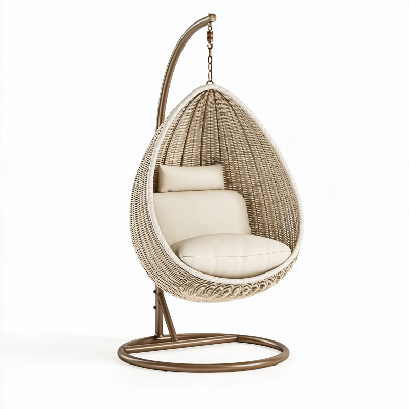 Fauteuil suspendu 105 x 105 x 195 cm en rotin beige avec support en métal - cocooning