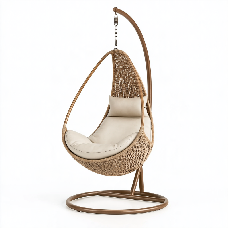 Fauteuil suspendu 105 x 105 x 195 cm en résine tressée beige et métal brun avec support