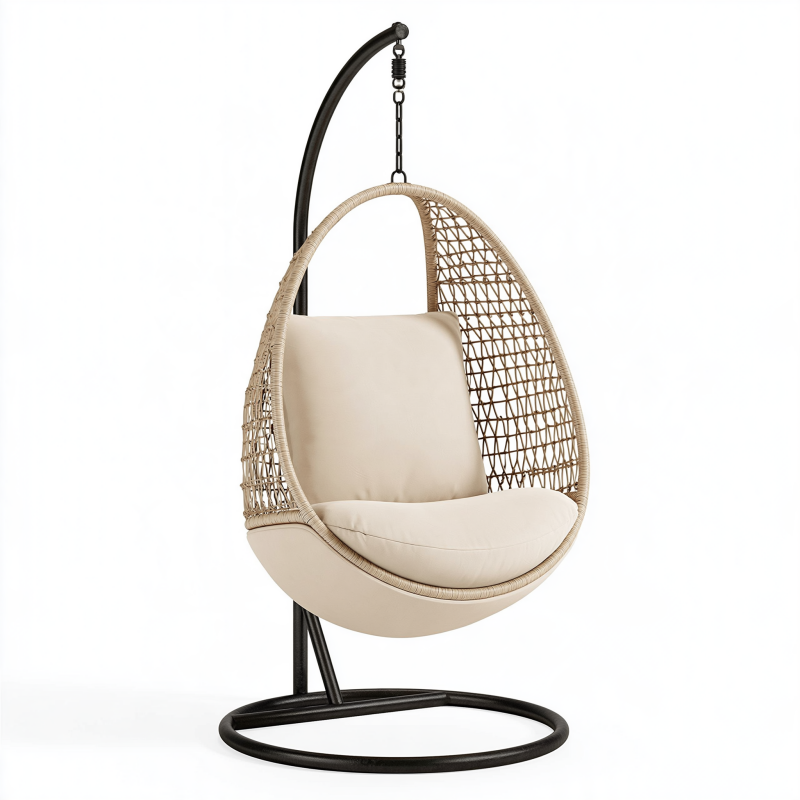 Fauteuil suspendu 100 x 100 x 195 cm en fibre tressée beige avec support métal noir