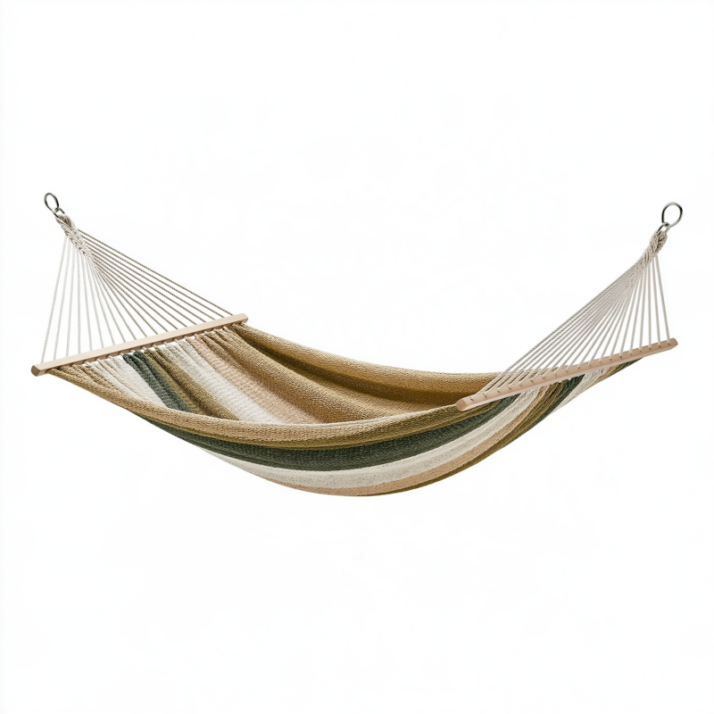 Hamac 300 x 140 cm en tissu tissé beige vert et blanc avec barres en bois pour jardin
