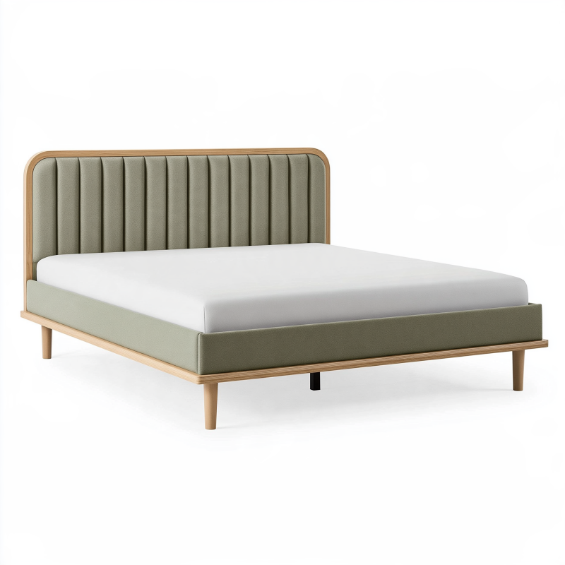 Lit 160 x 200 cm en tissu vert avec cadre en bois - tête de lit capitonnée