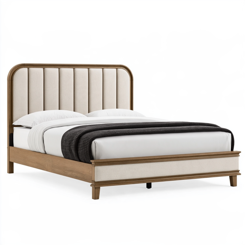 Lit double 160 x 200 cm en bois et tissu beige avec tête de lit capitonnée
