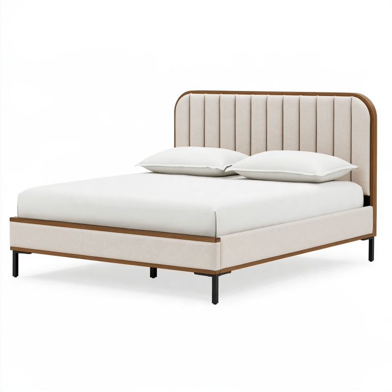 Lit double 160 x 200 cm en tissu beige avec cadre effet bois style contemporain