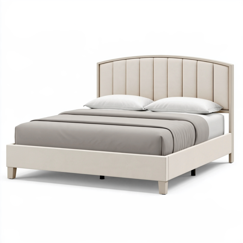Lit 160 x 200 cm beige en tissu avec tête de lit capitonnée - Style contemporain