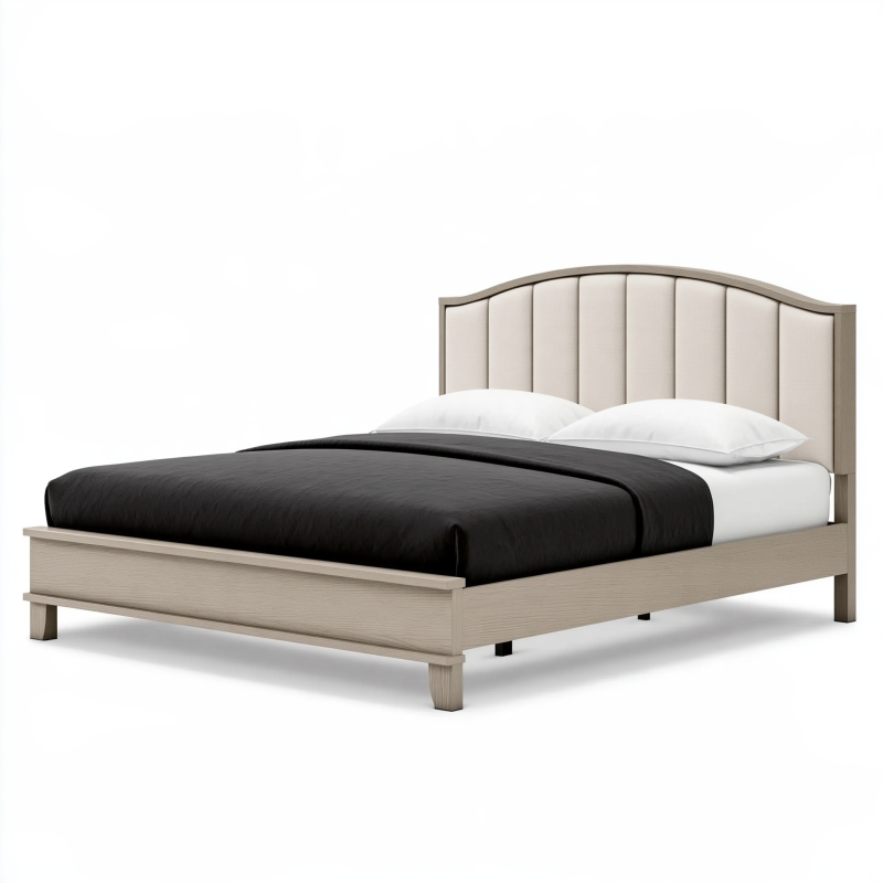 Lit double 160 x 200 cm en bois beige avec tête de lit capitonnée